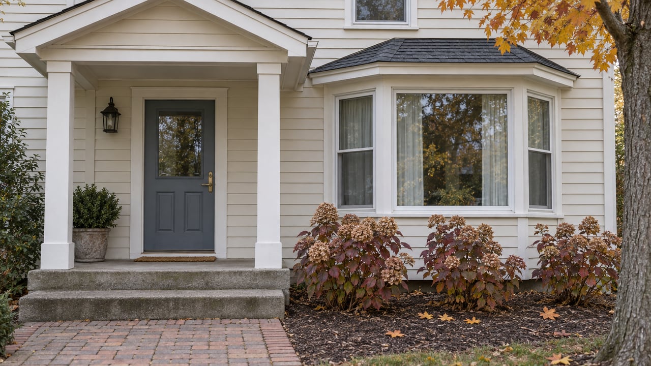 Cream clapboard house with a slate-blue front door, glazed bay window, concrete porch steps and burgundy oakleaf hydrangeas in soft autumn light.