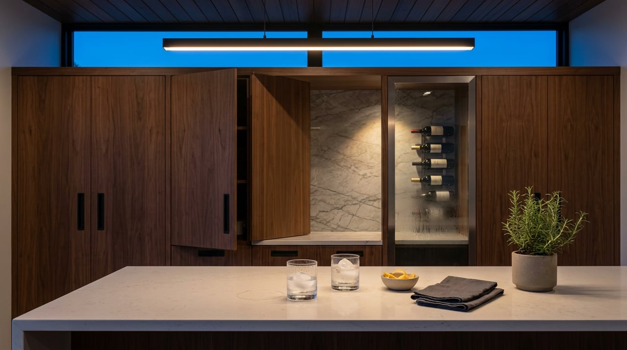 Kitchen counter with two iced drinks, citrus, linen napkins, walnut cabinets, wine storage, and a warm pendant light.