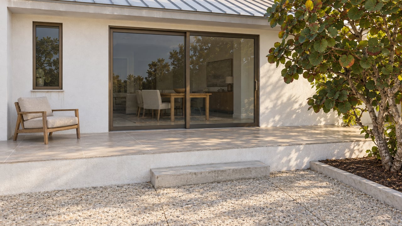 Late-afternoon light across a raised terrace with bronze-framed glass doors, a teak lounge chair, and a sculptural sea grape tree.