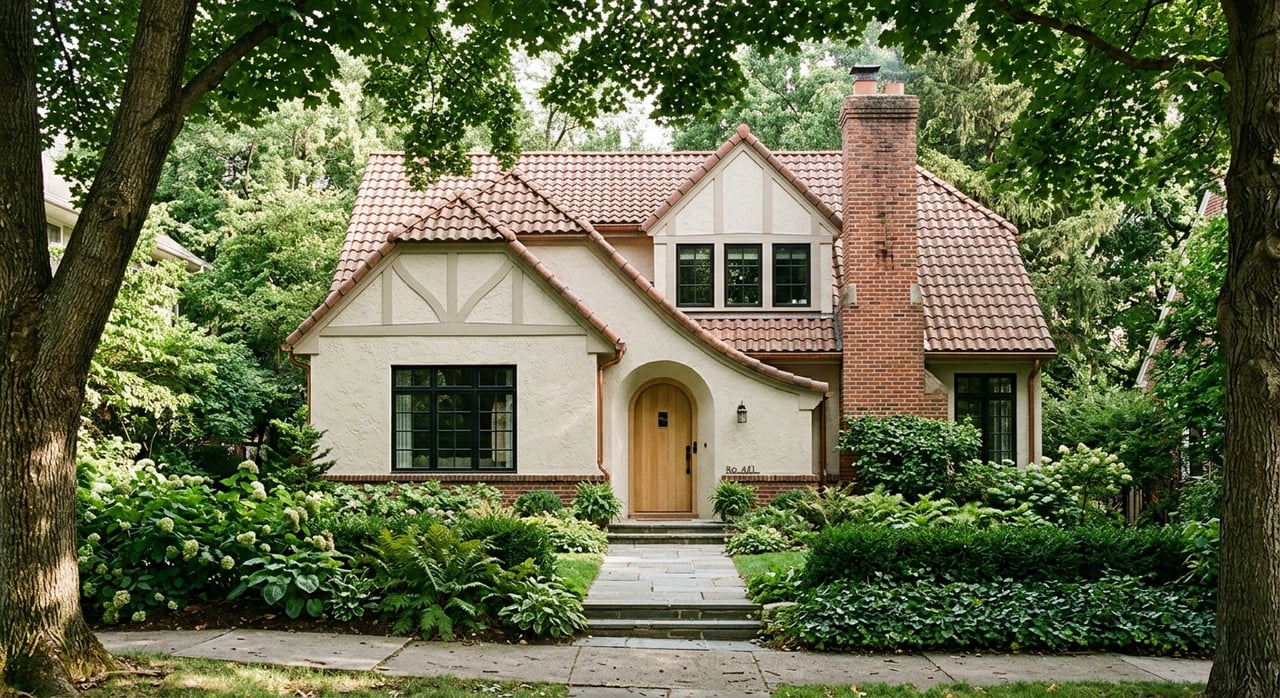 Stucco-and-brick home with an arched entry, chimney, tree canopy, and limestone path across the lawn.