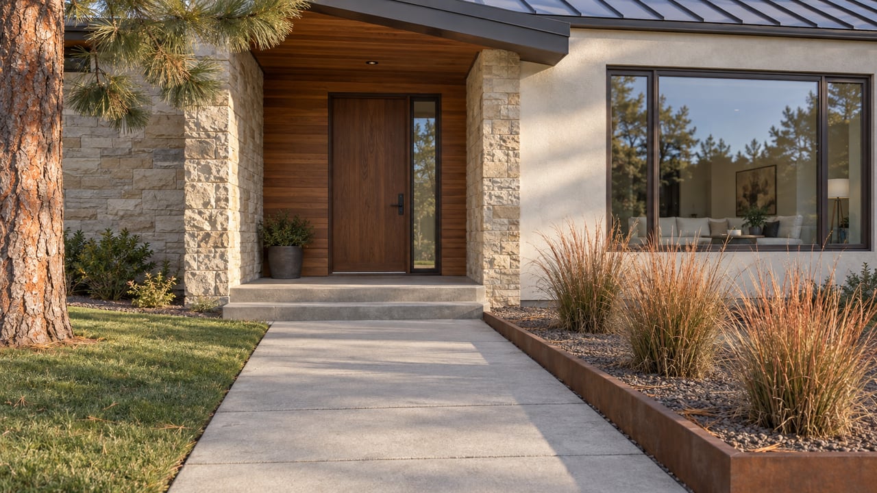 Morning light falls across a stone and cedar entrance, broad concrete walk and copper-colored grasses beside a detached home.