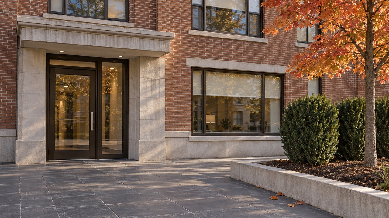 Brick condominium entrance with limestone surround, bronze-framed glazing, and a raised bed containing an autumn sugar maple.