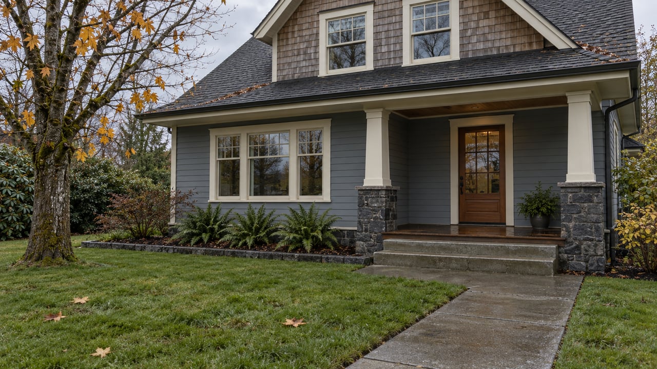 Blue-gray gabled home with a covered cedar porch, basalt details, and a damp autumn lawn beneath a nearly bare maple.