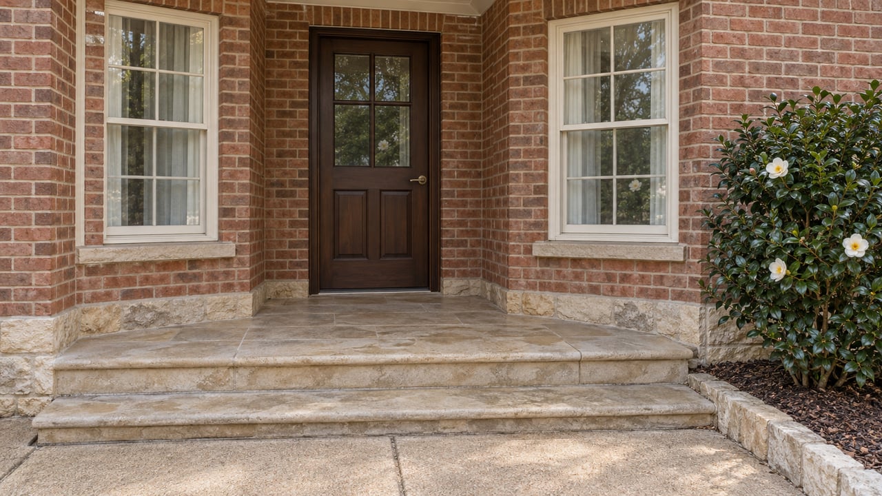 Brick home entrance with a glazed wood door, paired cream-framed windows, limestone steps and an ivory-flowering camellia.