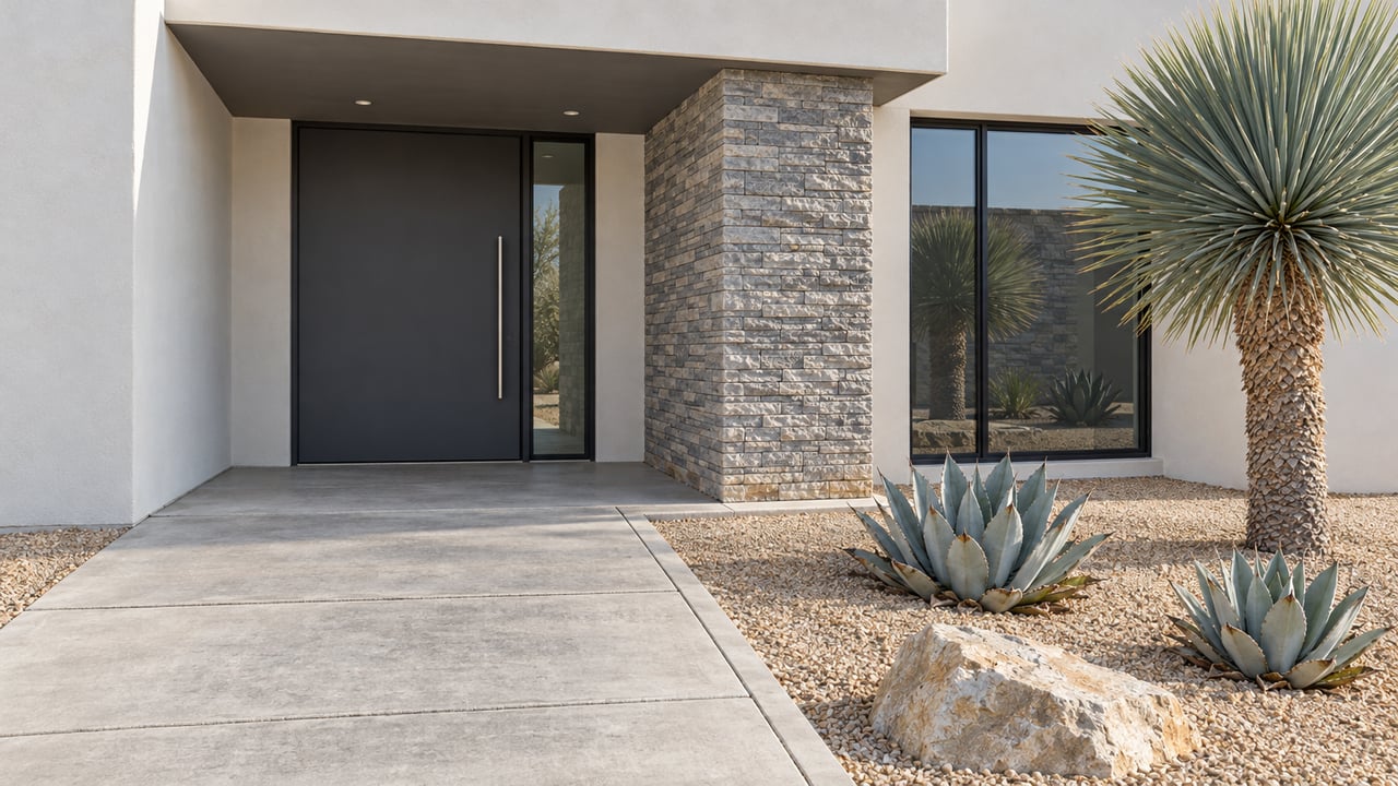 Contemporary white-stucco home entrance with gray stone veneer, graphite door, and sculptural desert planting beside a broad concrete approach.