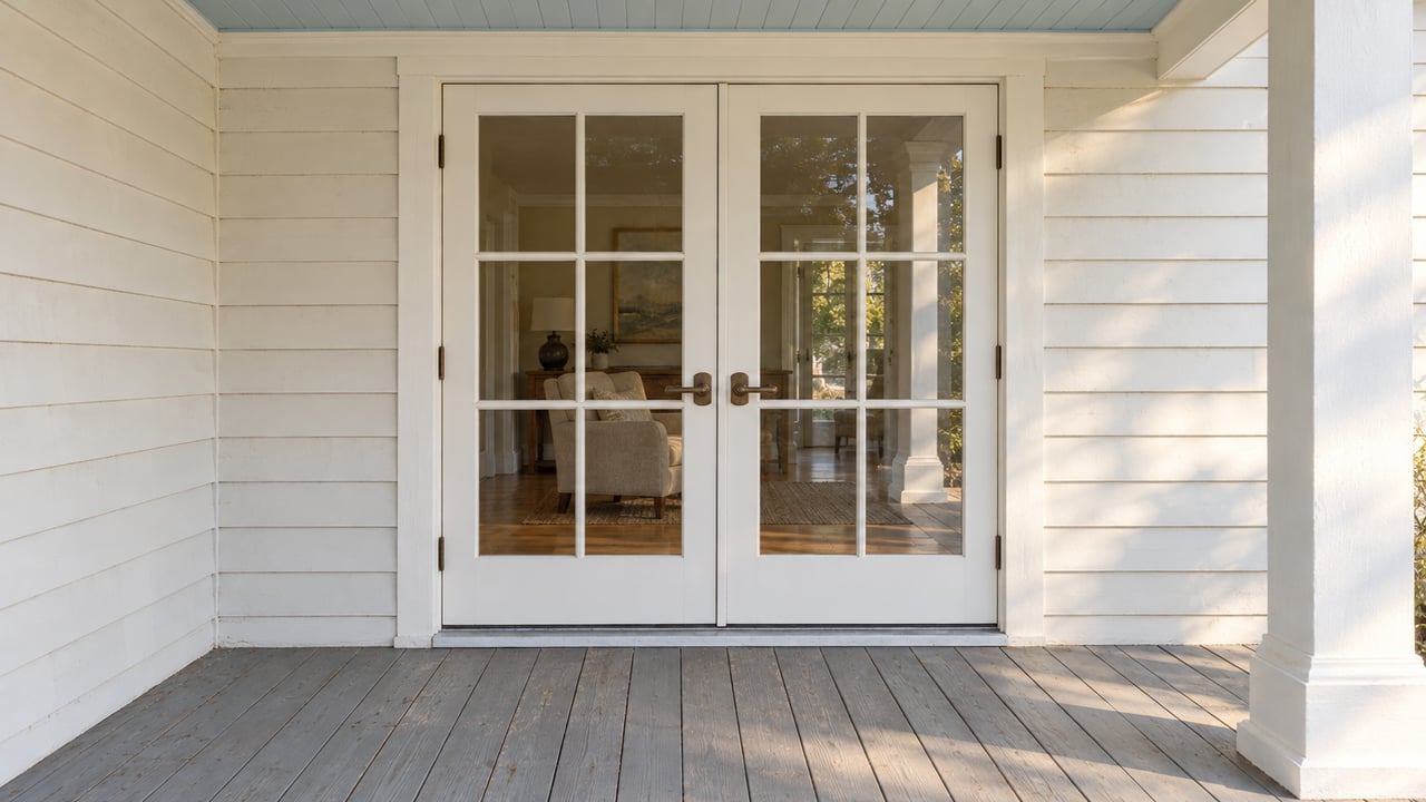 A softly lit covered porch with pale clapboard siding, paired glazed French doors, and gently worn gray floorboards.