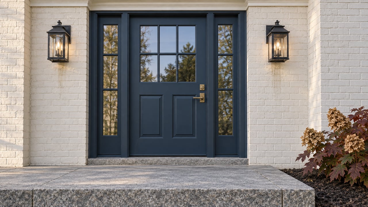 Dark-blue glazed front door with paired black lanterns, warm-white painted brick and a worn granite entry landing beside burgundy oakleaf hydrangea.
