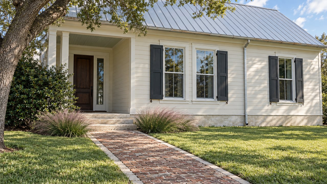 Ivory-sided coastal house with a gray gable roof, brick path, porch, and live oak at the left.