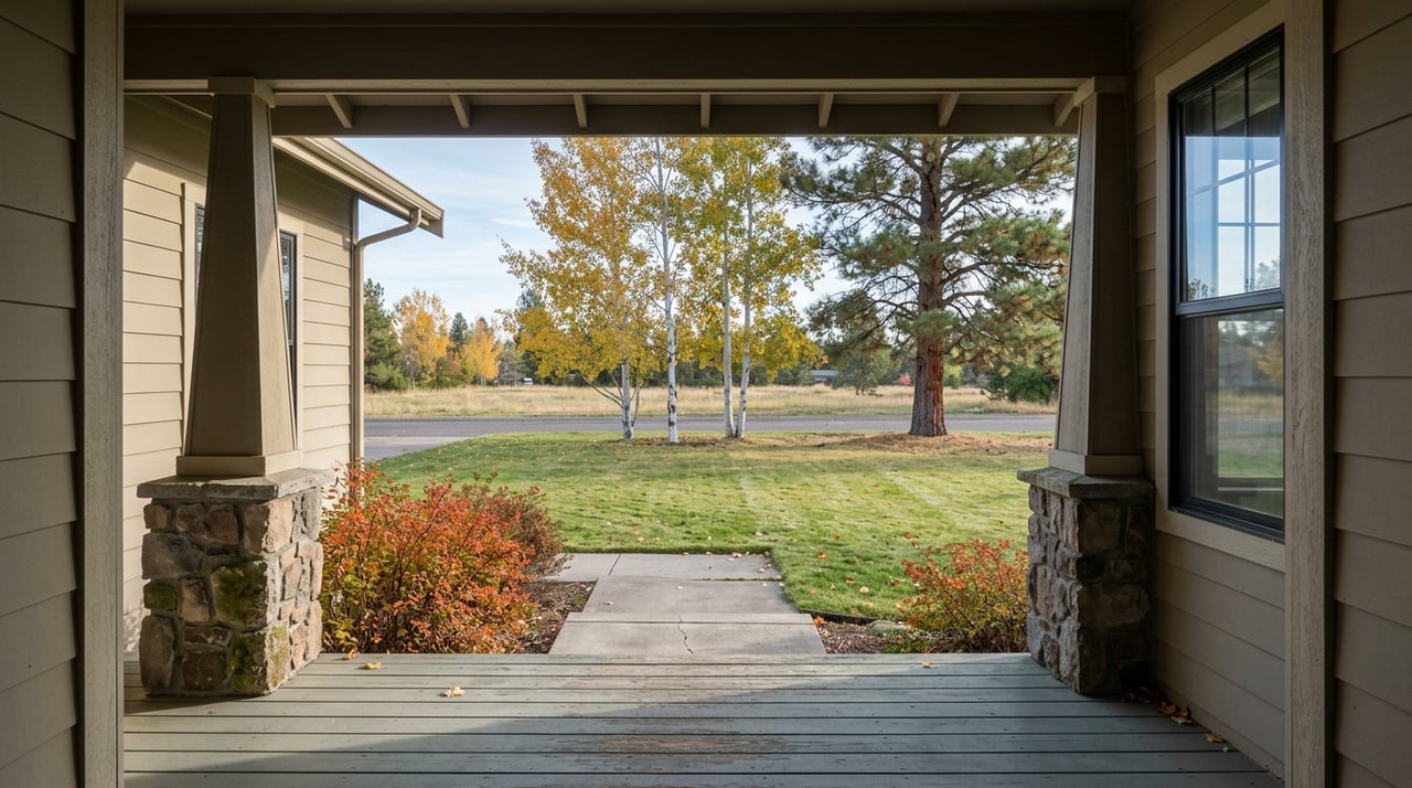 Covered porch framed by tapered wood columns, overlooking three steps, a green lawn, and golden aspens beside a pine.
