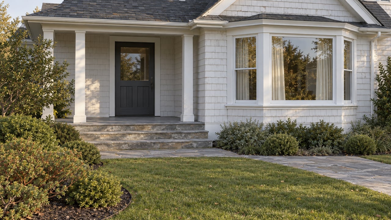 White wood-shingle home with a sheltered porch, bay window and sandstone approach across an autumn lawn.