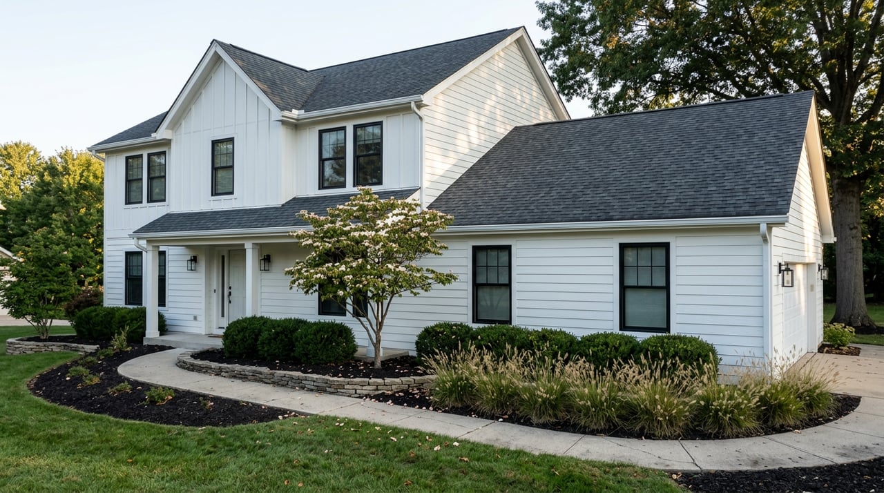 Two-story white farmhouse with black windows, a curving walkway, stone garden wall, and mature oak shading its roofline.