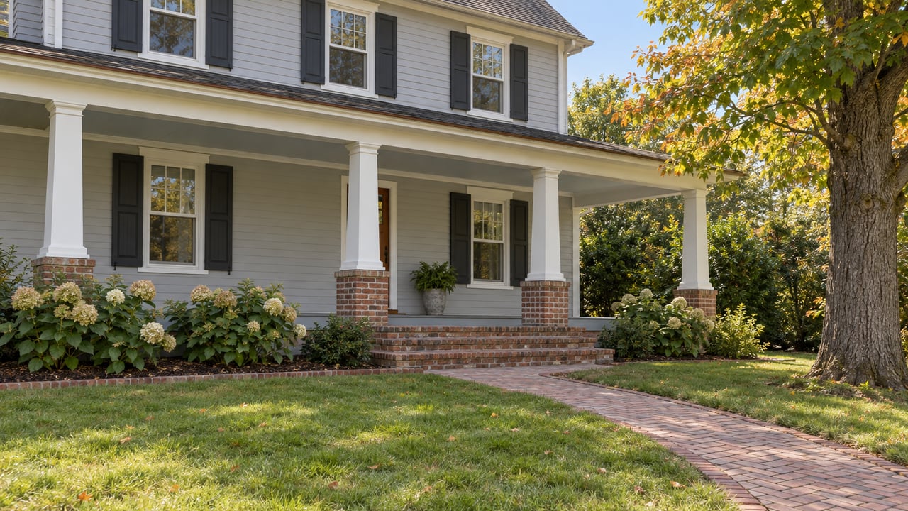 Pale-gray clapboard home with a broad white-columned porch, brick approach, deep lawn and an amber-leaved sugar maple.