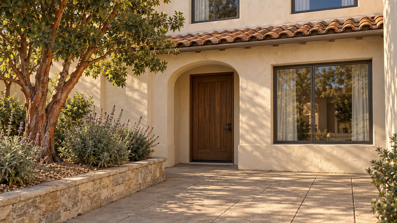 Cream stucco attached home with a recessed arched wood entry, terracotta roof tiles and a stone-edged planted approach in warm sunlight.