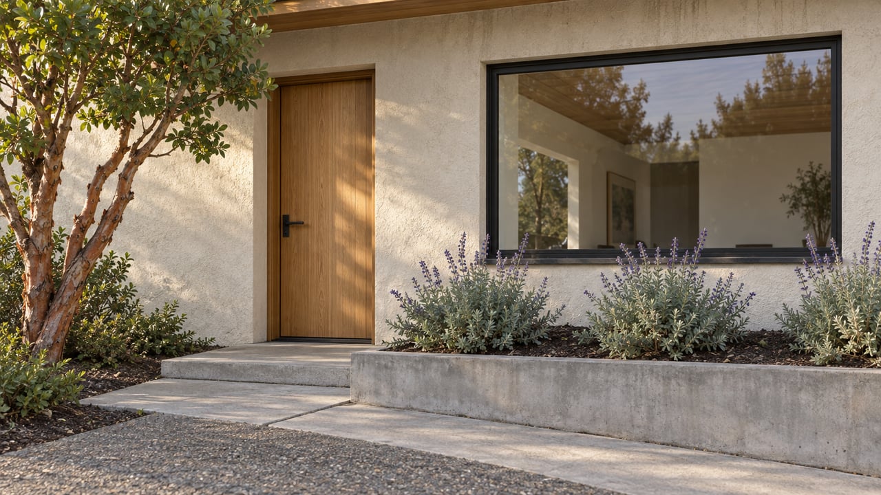 Compact sand-stucco house with an oak entry door, black-framed picture window, and a planted frontage.