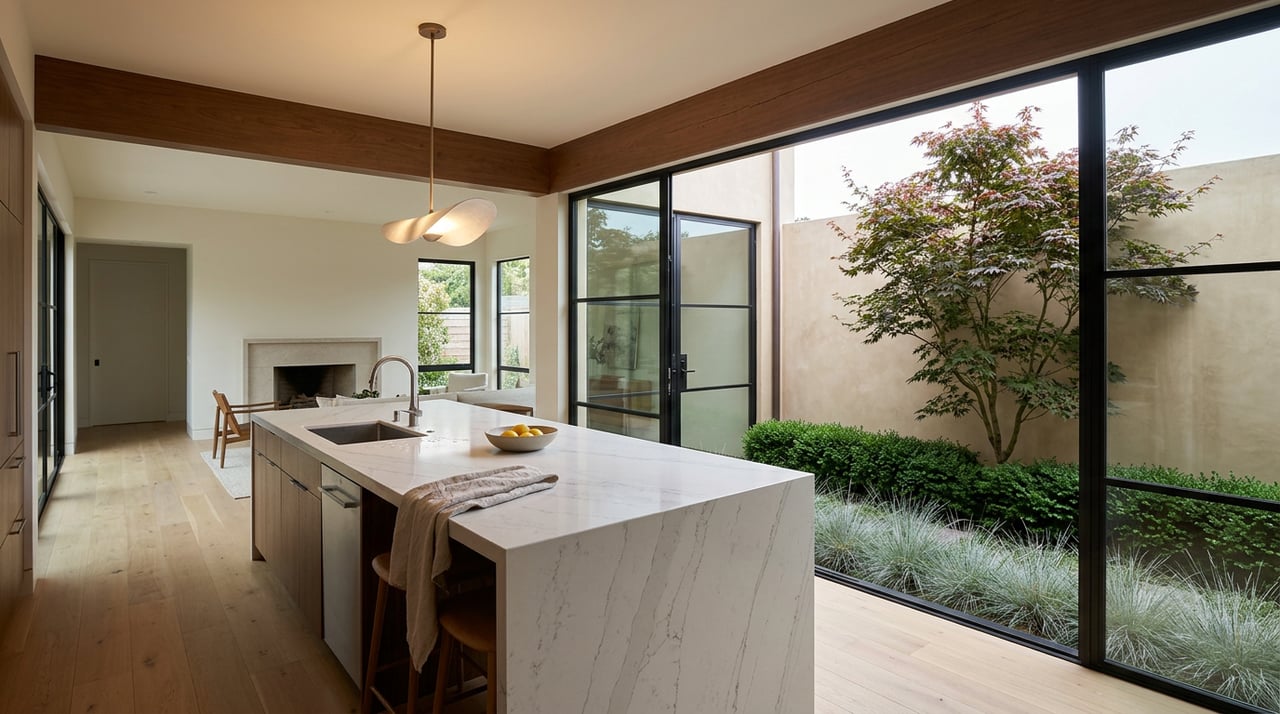 Kitchen island and sculptural pendant overlook a black-framed glass wall and courtyard Japanese maple.