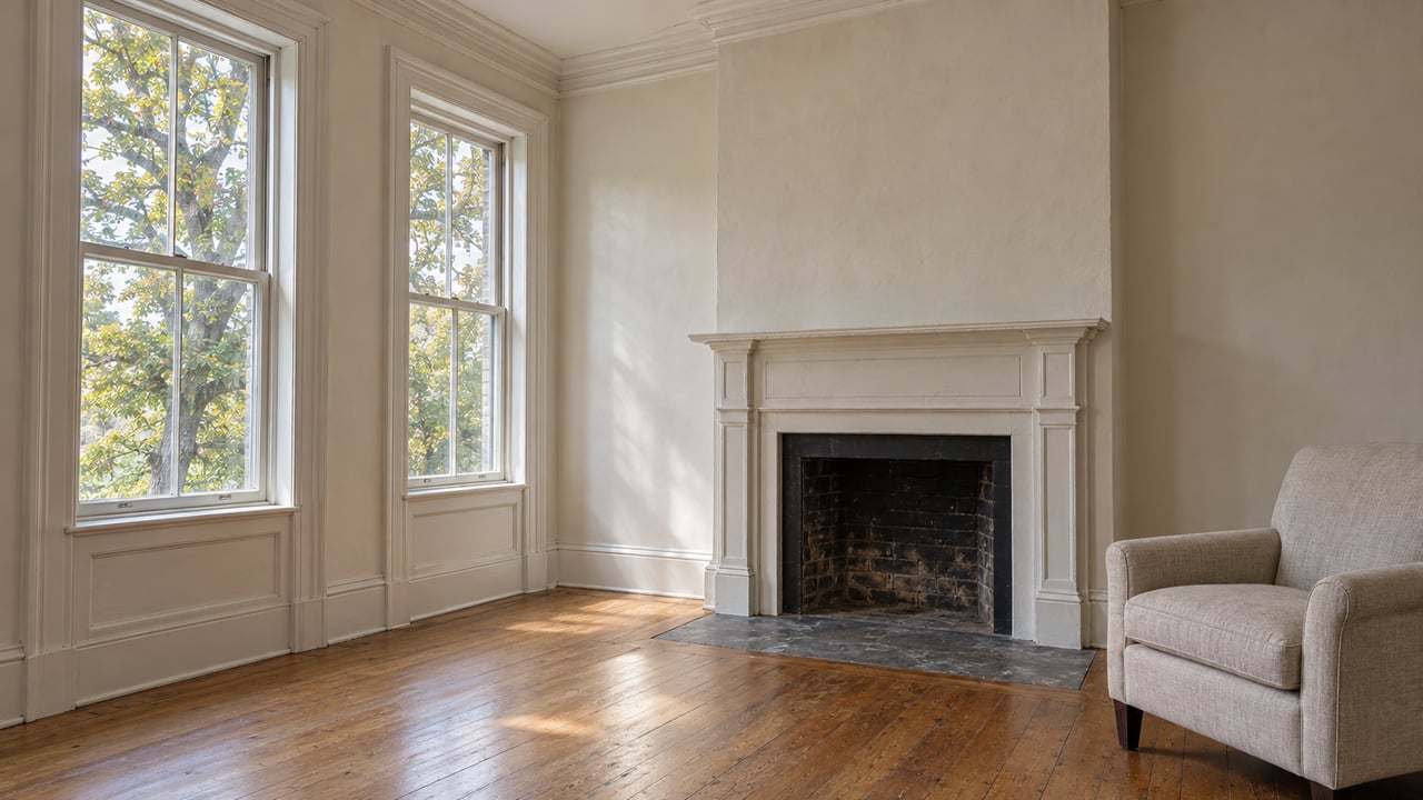 Daylight fills a historic parlor with tall sash windows, a painted classical mantel, a stone hearth and warm oak flooring.