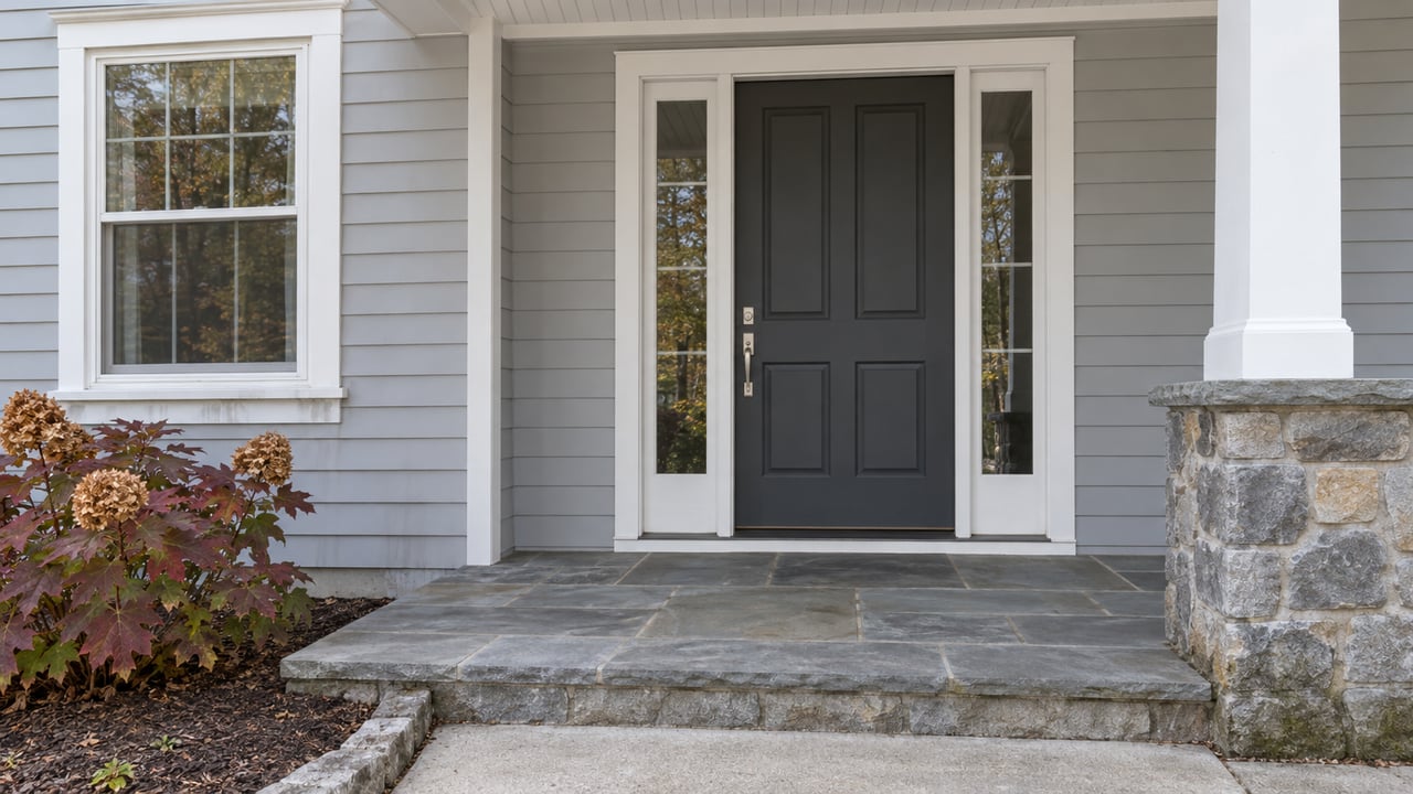 Pale-gray sided home entry with paired glazed sidelights, a white porch column on a fieldstone pier, bluestone steps and autumn oakleaf hydrangea.