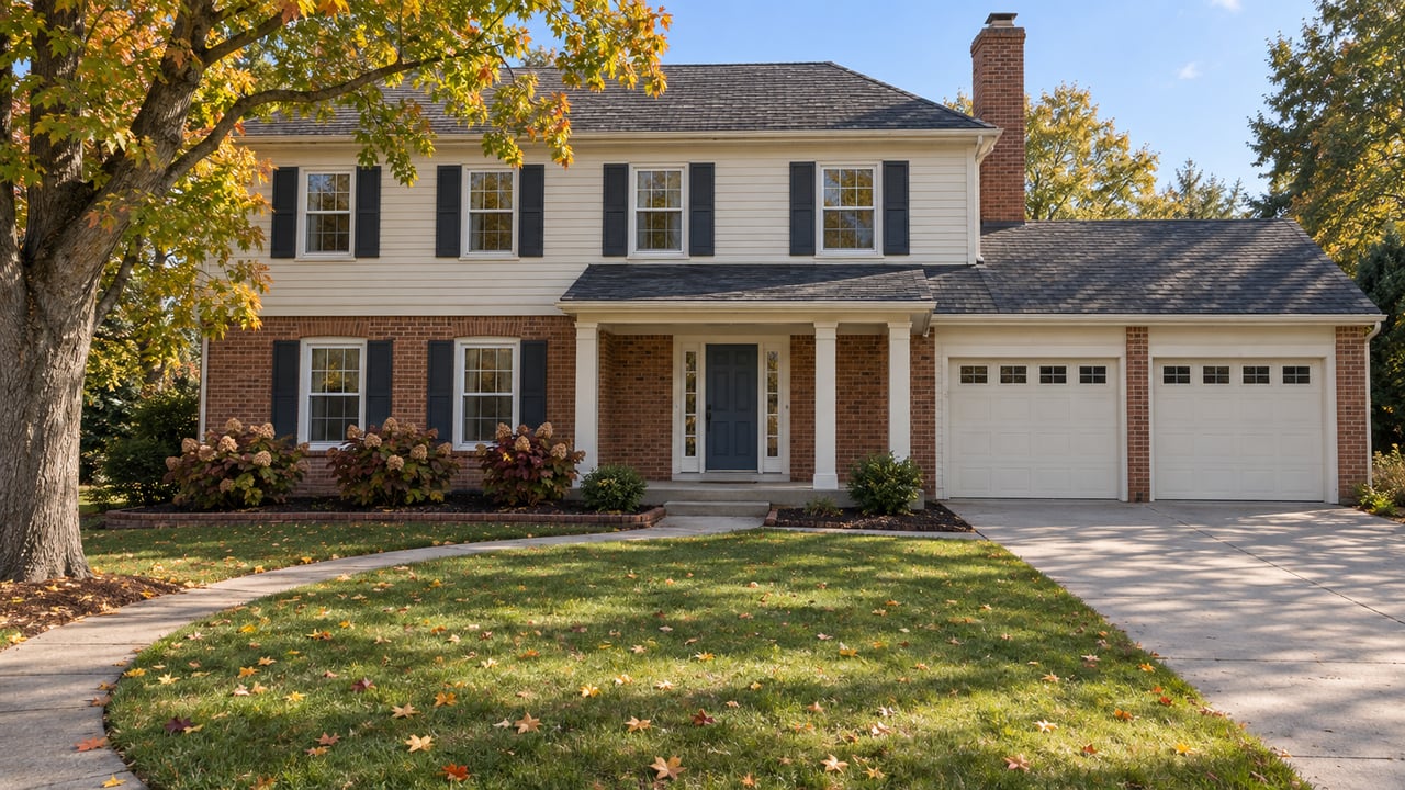 Two-story brick and cream-sided home behind a deep lawn, with a covered blue-door entry, two-car garage and an amber-turning maple.