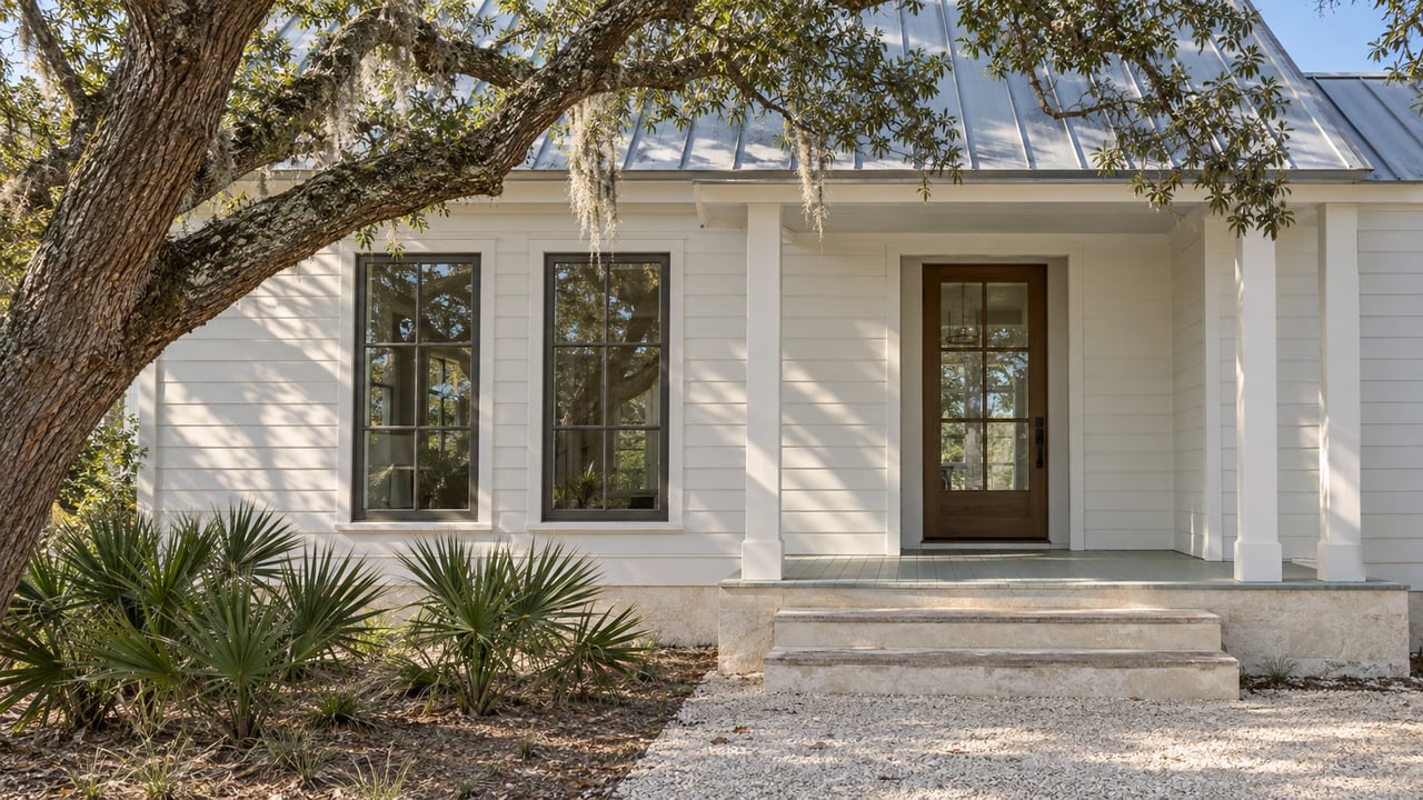 Coastal house entry with pale clapboard siding, limestone steps, and an oak canopy overhead.