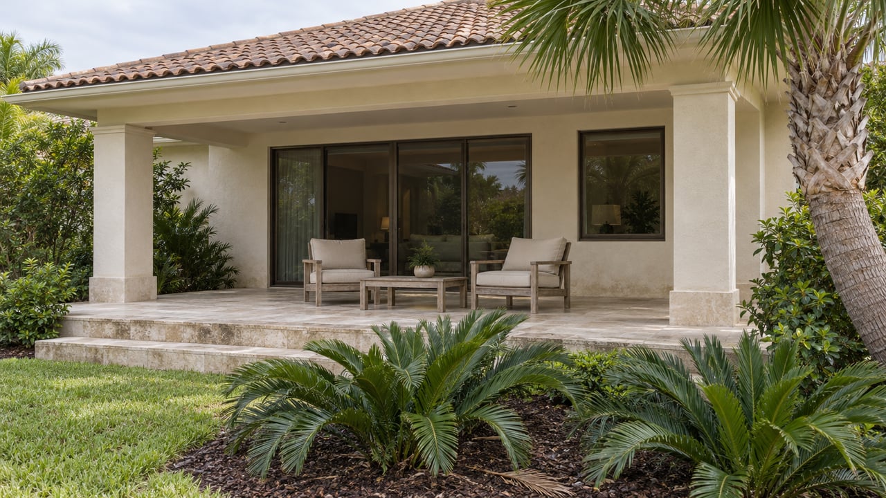 Covered terrace with cream stucco, terracotta roof tiles, teak seating and a curved palm beside a stone-edged garden.