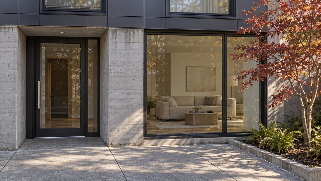 Morning light crosses a concrete and charcoal-metal condominium entrance beside a glazed living room and a copper-leaved vine maple.