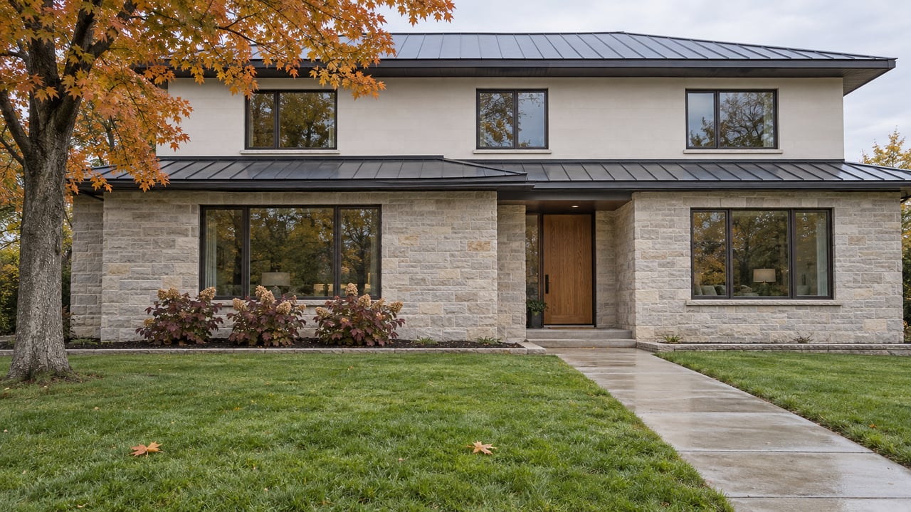 Contemporary limestone and off-white home beyond a deep autumn lawn, with a mature amber maple and a concrete entry walk.