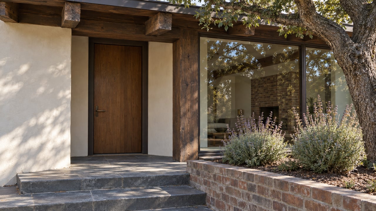 A timber-framed home entrance with warm plaster, bronze-framed glass, slate steps and a mature oak beside a raised brick planting bed.