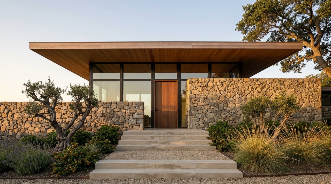 Contemporary hillside home with a stone plinth, walnut door, glazed facade, and broad wood-soffit roof overhang.