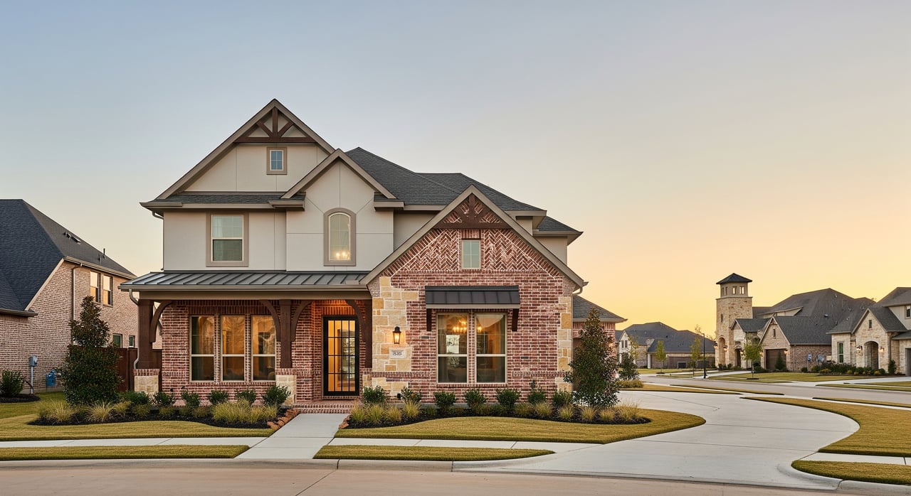 Large two-story brick-and-stucco house with a gabled roof, landscaped yard, and curved driveway.