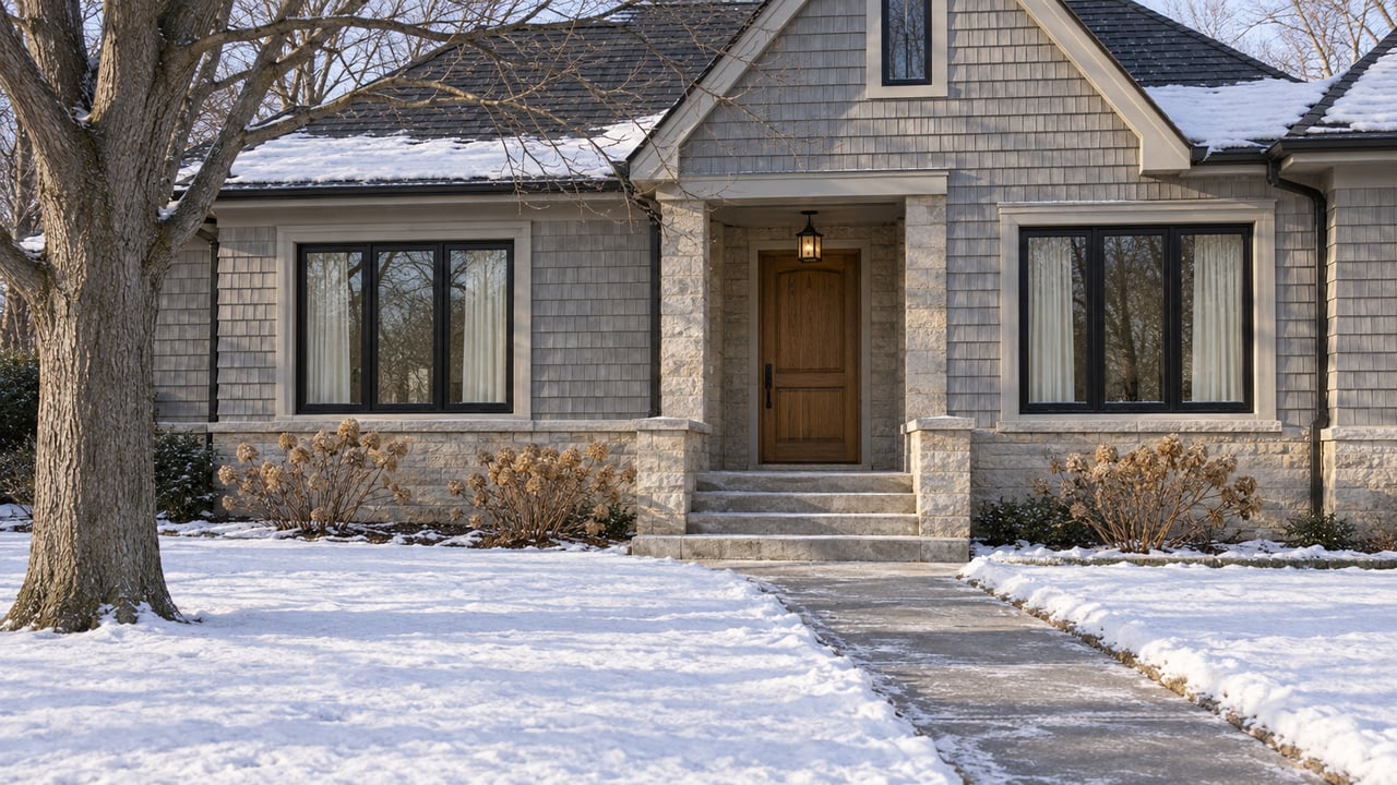 Snow-covered front lawn and cleared stone approach to a shingle-and-limestone home with black-framed windows and dormant hydrangeas.