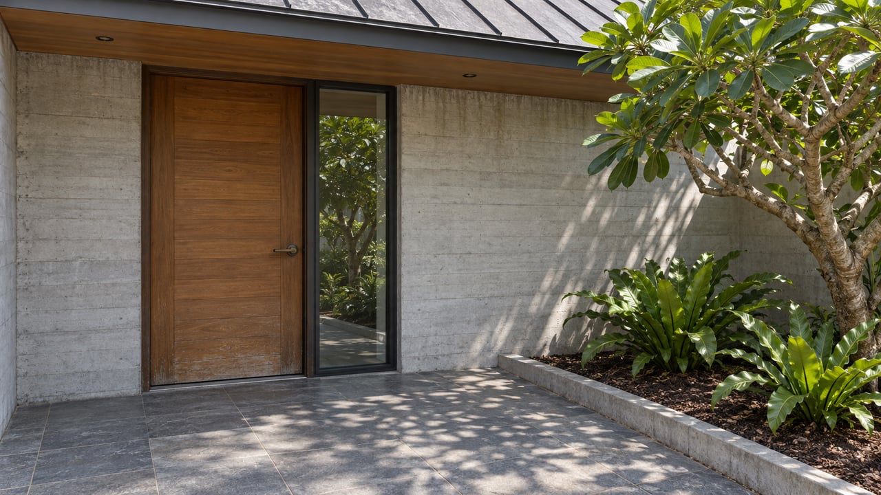 Sunlit covered home entrance with a timber door, concrete walls, basalt paving, and a plumeria above two bird's-nest ferns.