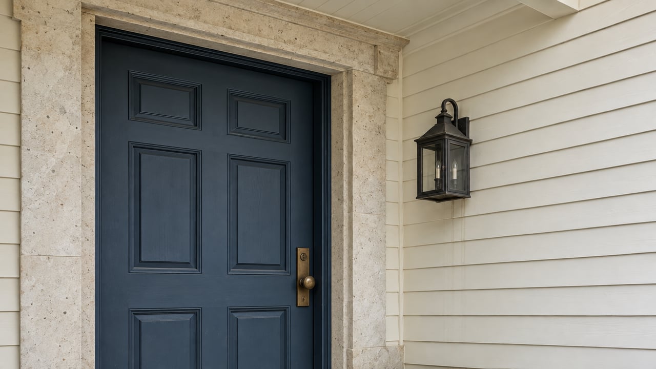 Closed slate-blue six-panel door with brass hardware, limestone surround, and an unlit bronze lantern.