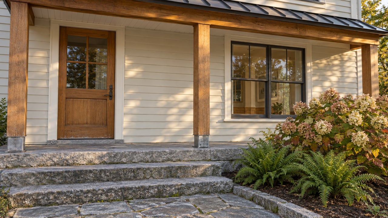 Afternoon light grazes an ivory clapboard home's timber porch, oak door, granite steps, and flowering hydrangea.