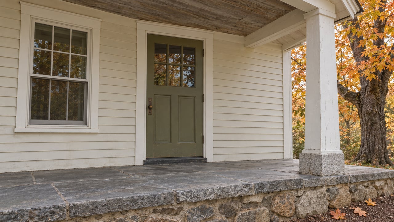 Covered house entry with an olive glazed door, cream clapboards and a bluestone landing above a fieldstone base beside an autumn maple.