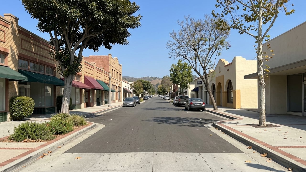 Commercial street in Torrance with storefronts, mature trees, parked cars, and hills in the distance.