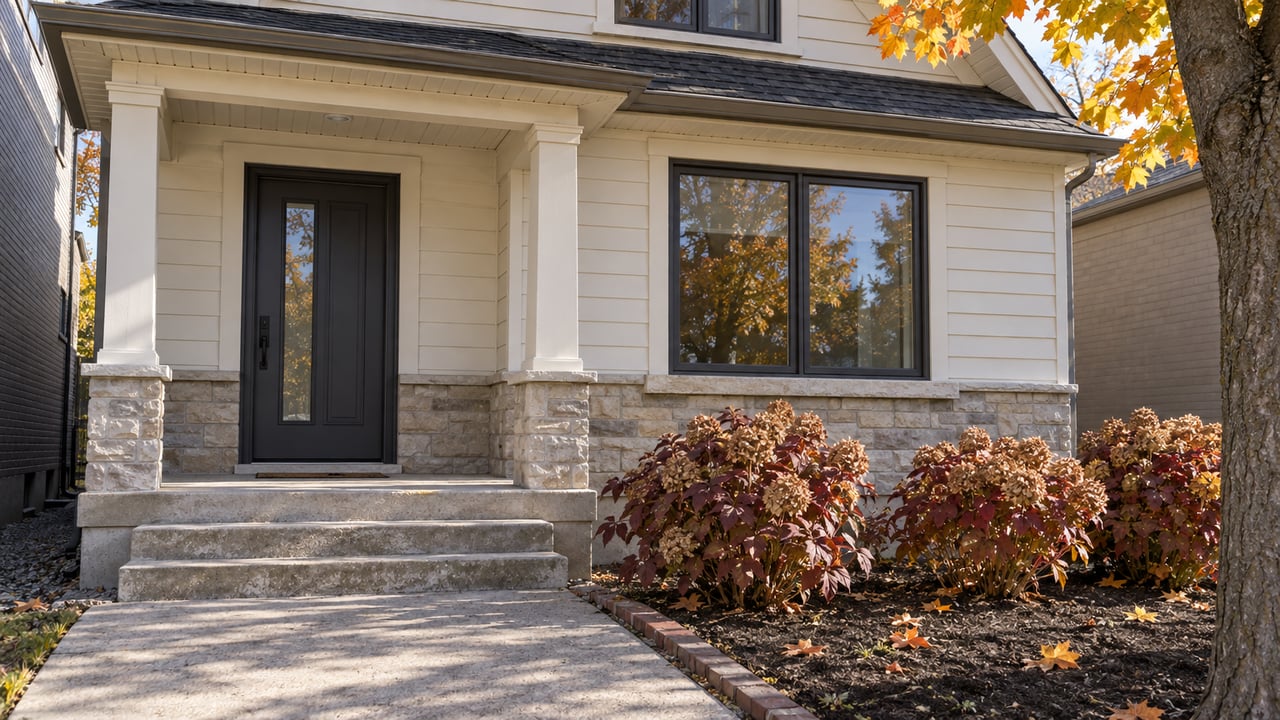 Autumn morning light on a compact home's cream-sided porch, limestone base and concrete front steps beside burgundy oakleaf hydrangeas and a yellow-orange sugar maple.