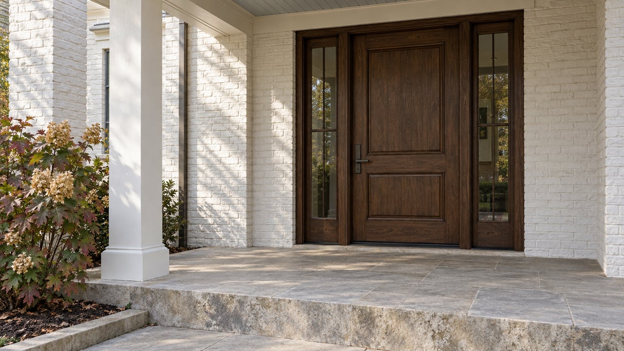 Dark oak front door with matching sidelights beneath a covered white-brick porch, beside a square column and autumn oakleaf hydrangea.