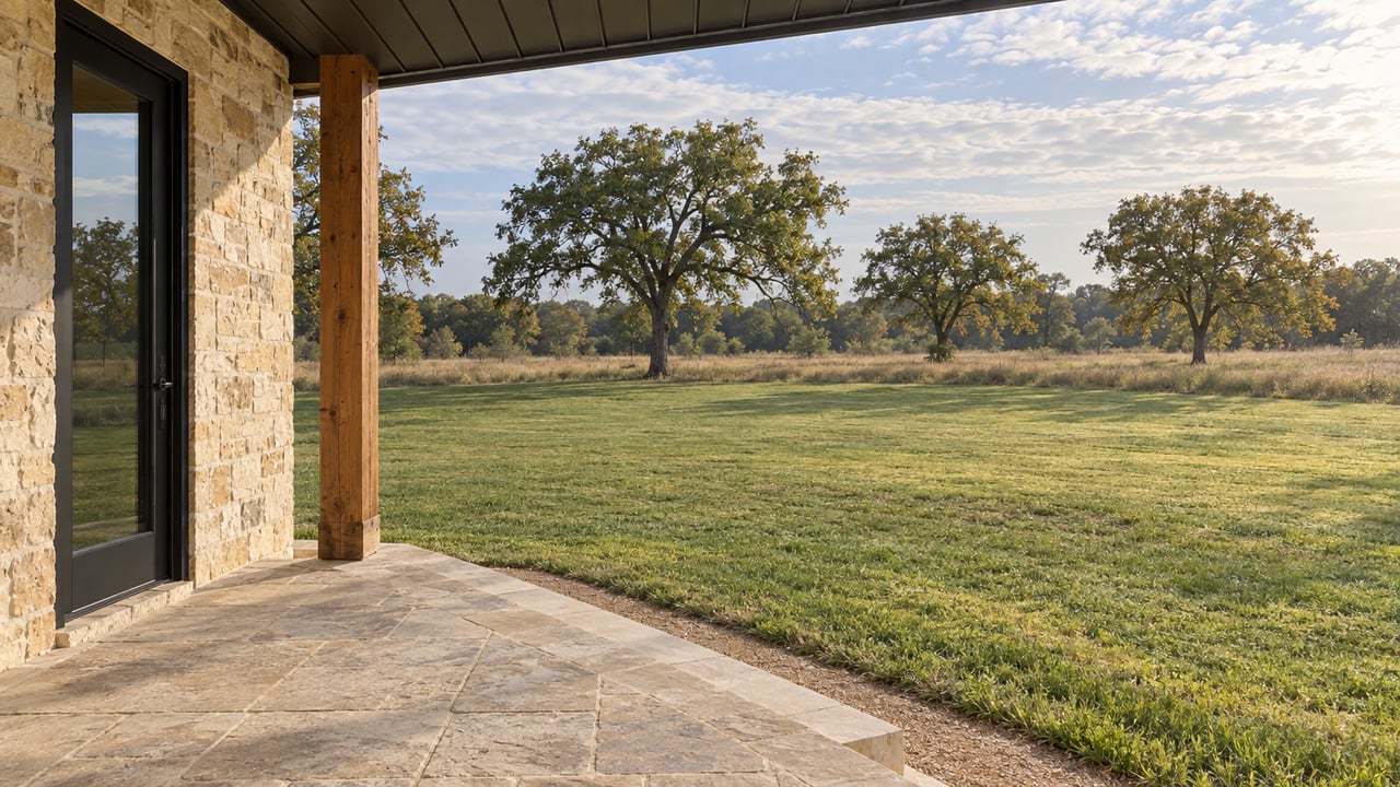 Covered limestone porch opening onto a broad lawn, meadow, and three widely spaced oak trees.