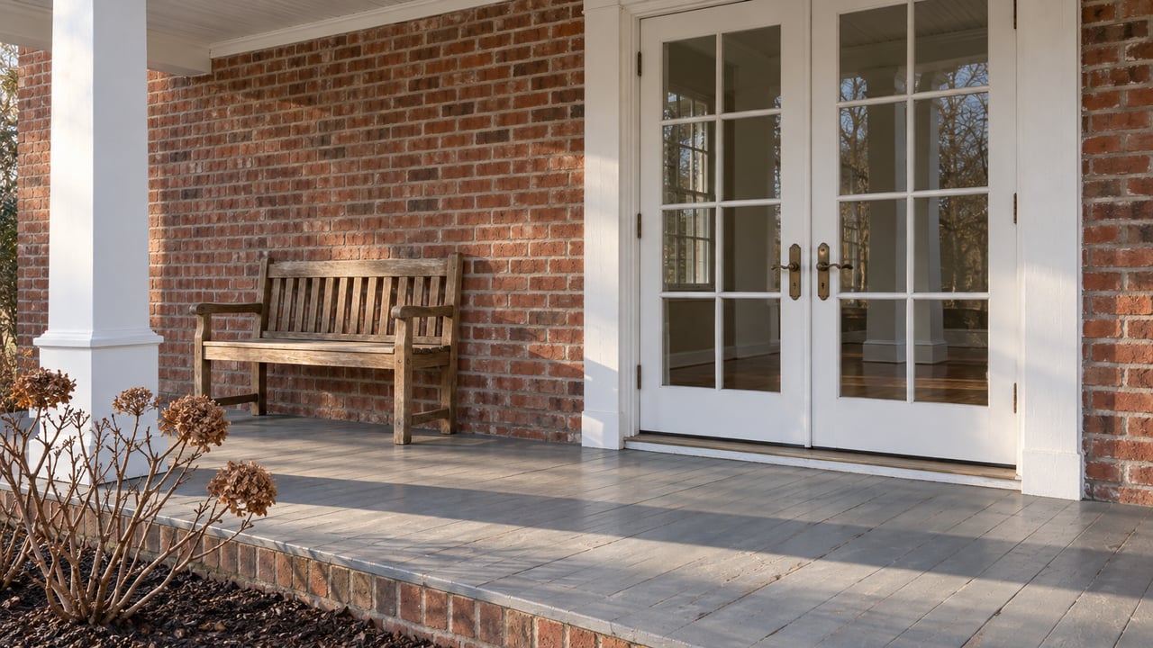 Winter morning light on a red-brick home's covered porch, with white French doors, gray floorboards, and an oak bench.