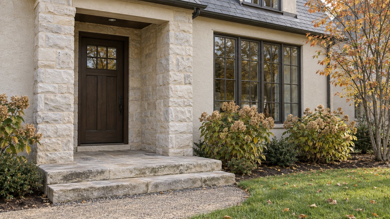 Recessed oak front door beneath a stone portico, flanked by a divided-pane window and autumn shrubs.