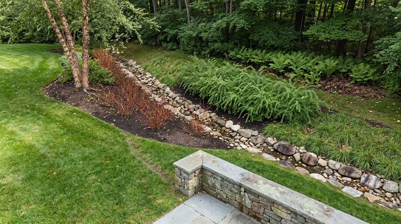 Sloped garden with a stone drainage swale, red twig dogwood, river birch, and a wooded edge.