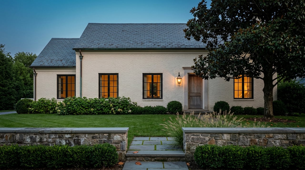 Painted-brick home at dusk, with amber window light, a glowing entry lantern, and a low fieldstone garden wall.