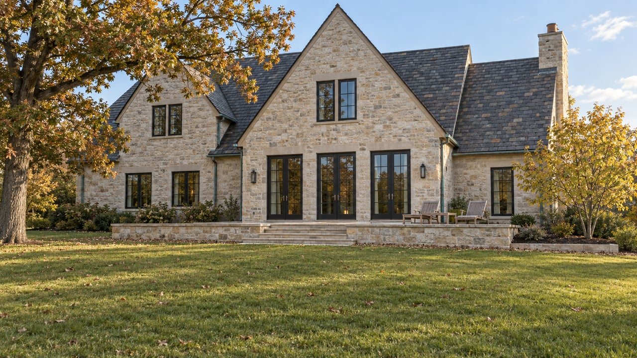 Pale limestone home with steep slate gables and black-framed glass doors overlooking a raised stone terrace and broad autumn lawn.