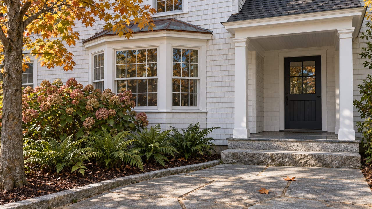 White cedar-shingled house with a multi-pane bay window, covered side entry, granite steps and an autumn hydrangea garden.