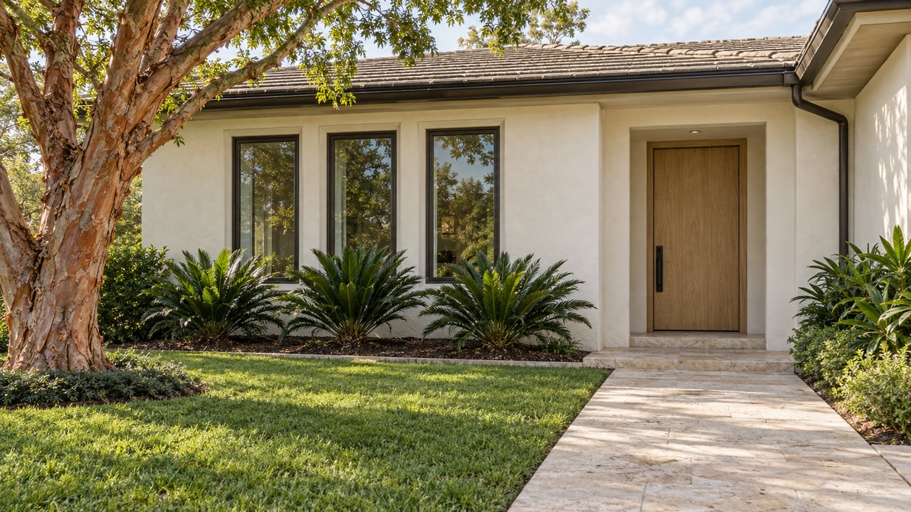 Warm ivory contemporary home with tall dark-framed windows, a recessed wood entry door, a cream stone approach and sculptural garden planting.