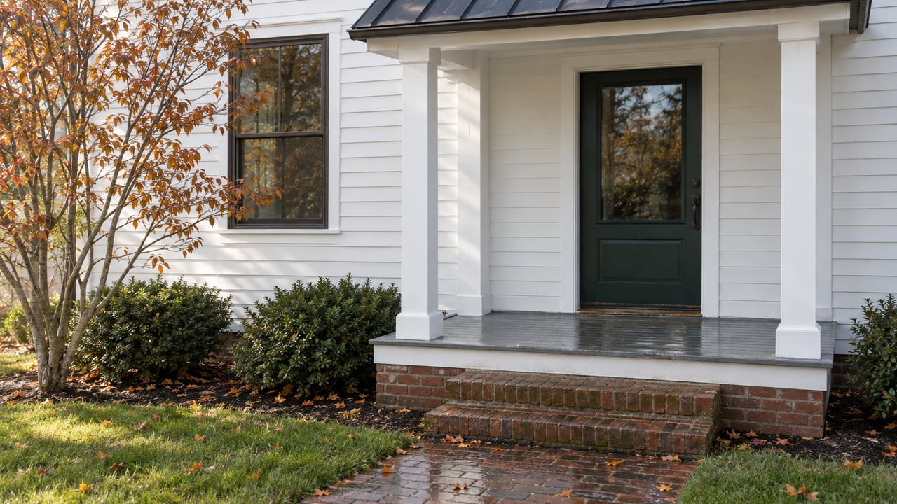 White clapboard house entry with dark green door, wet brick steps, and a serviceberry with copper leaves.