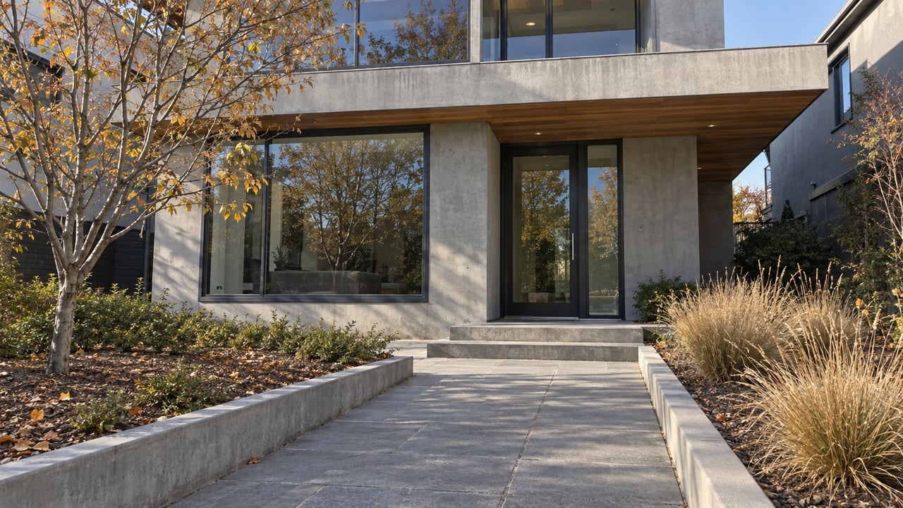 Sunlit contemporary home with warm wood soffits, dark-framed windows and a sandstone approach beside an autumn serviceberry tree.