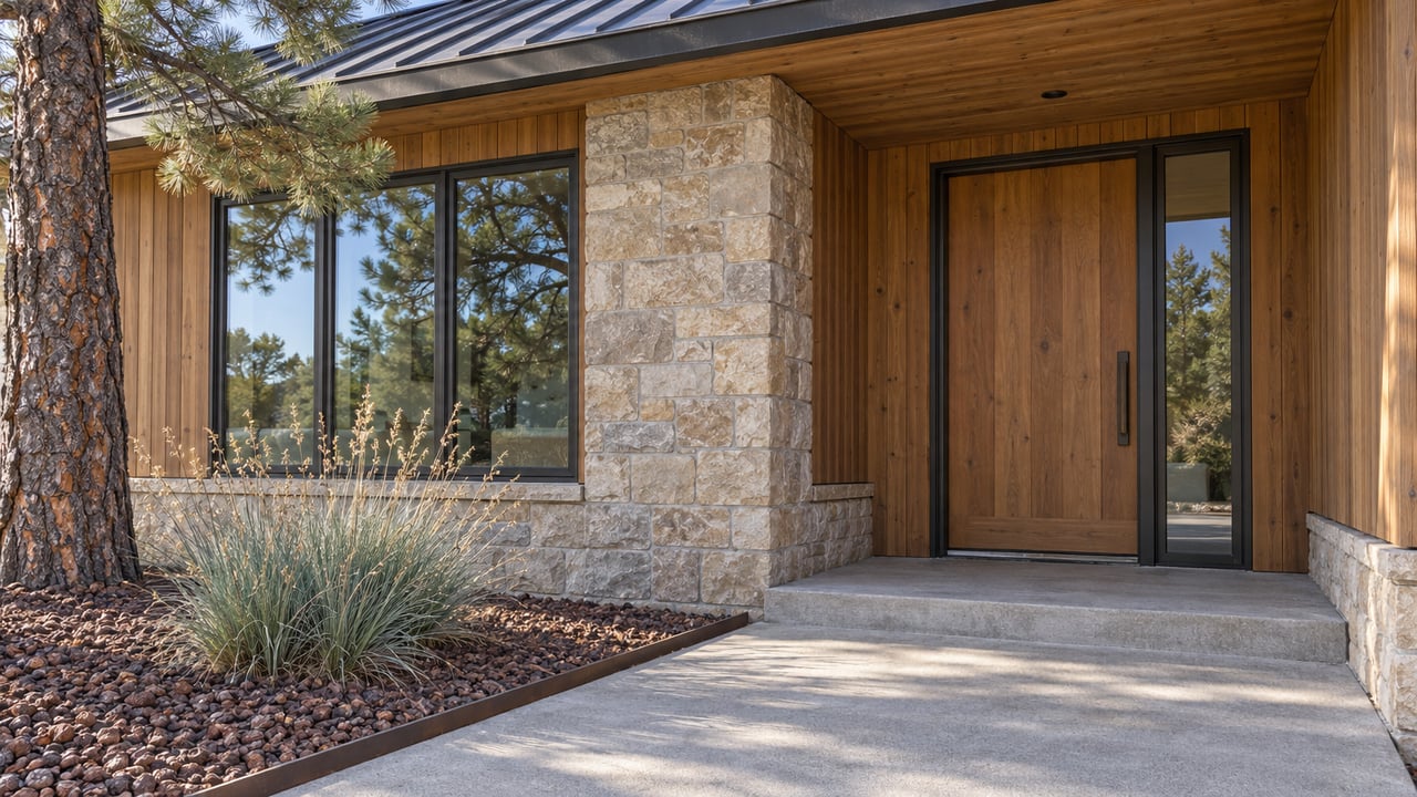 Covered home entry with cedar siding, buff stone, dark-framed glazing and a concrete approach beside a ponderosa pine.