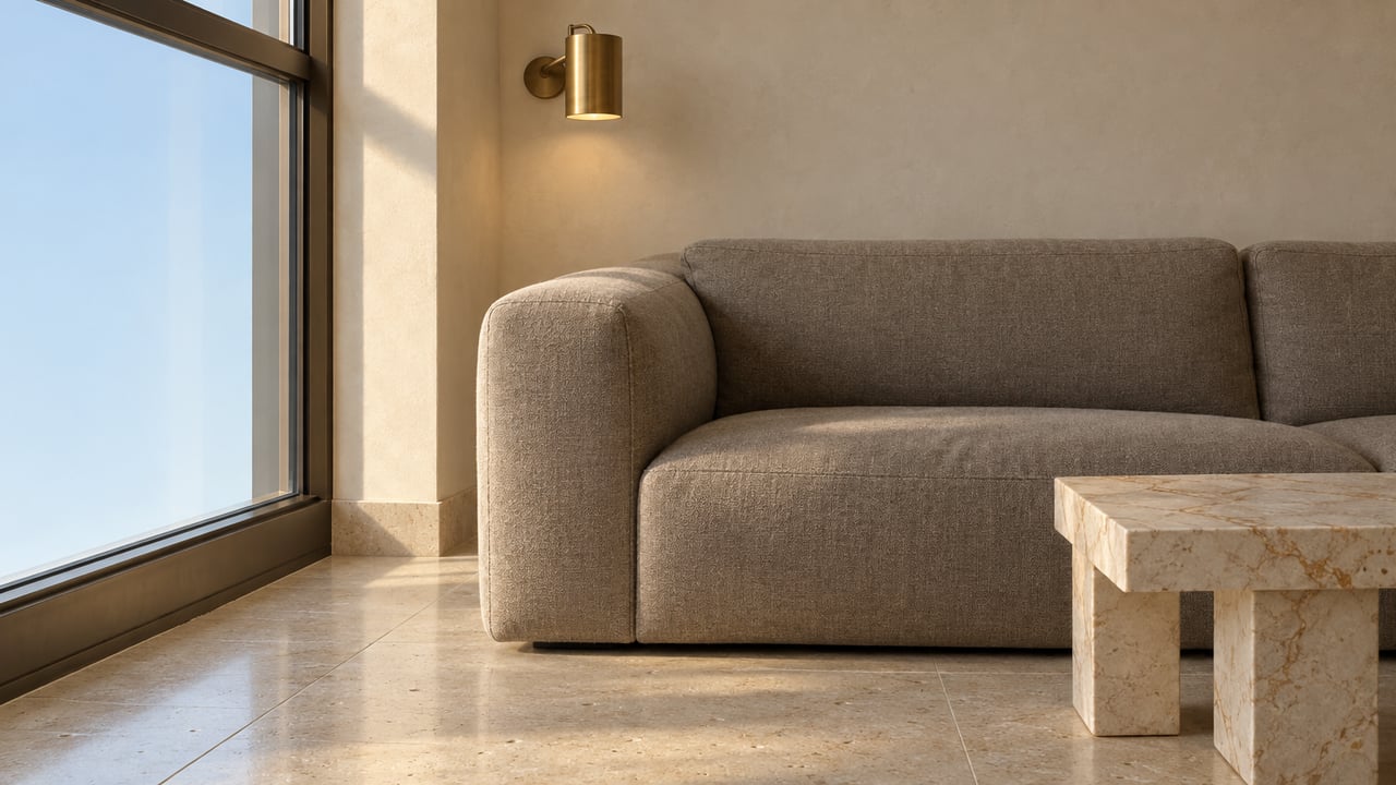 Morning light across a taupe sofa, honed marble side table and warm stone floor beside a closed full-height window.