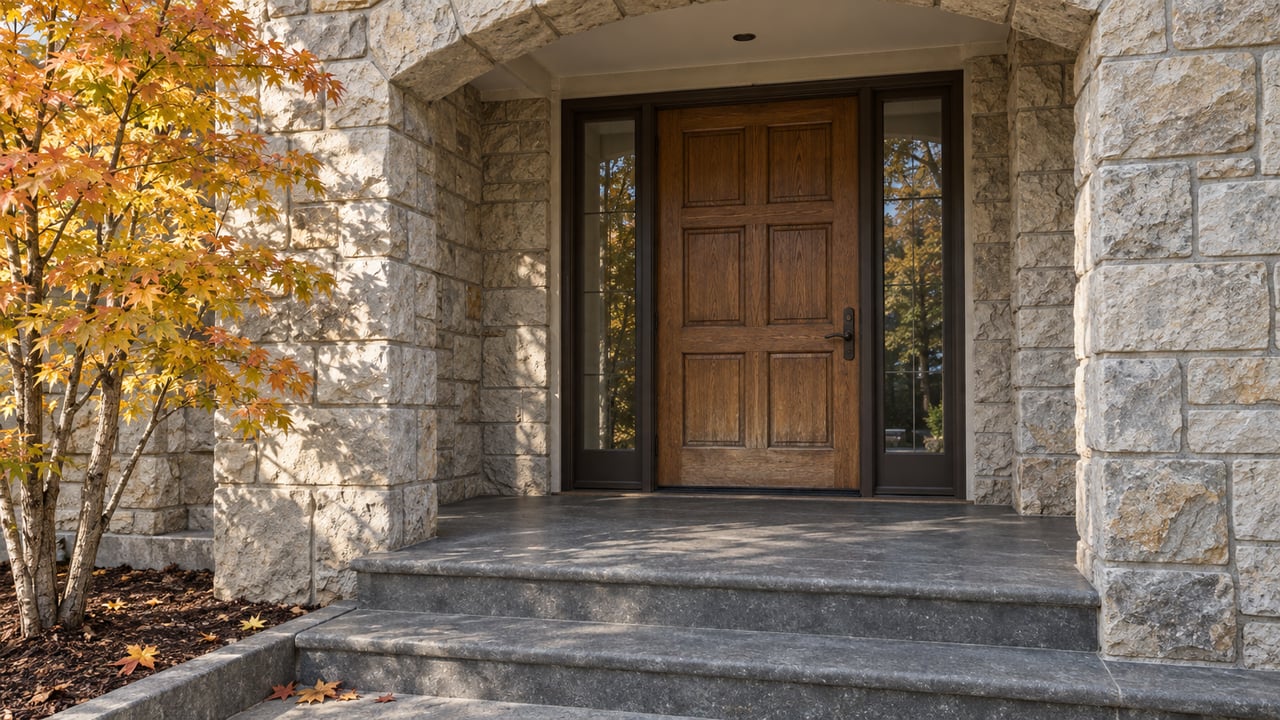 Recessed oak front door with paired bronze-framed sidelights beneath a creamy gray stone arch, above basalt steps beside an autumn vine maple.